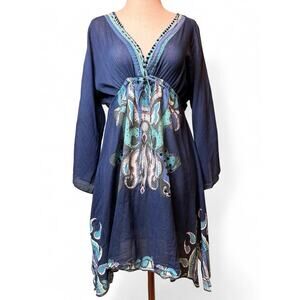 Vintage Boho Tunic Top Empire Tie Waist Sz M/L Sheer Whimsy Fairy Tribal